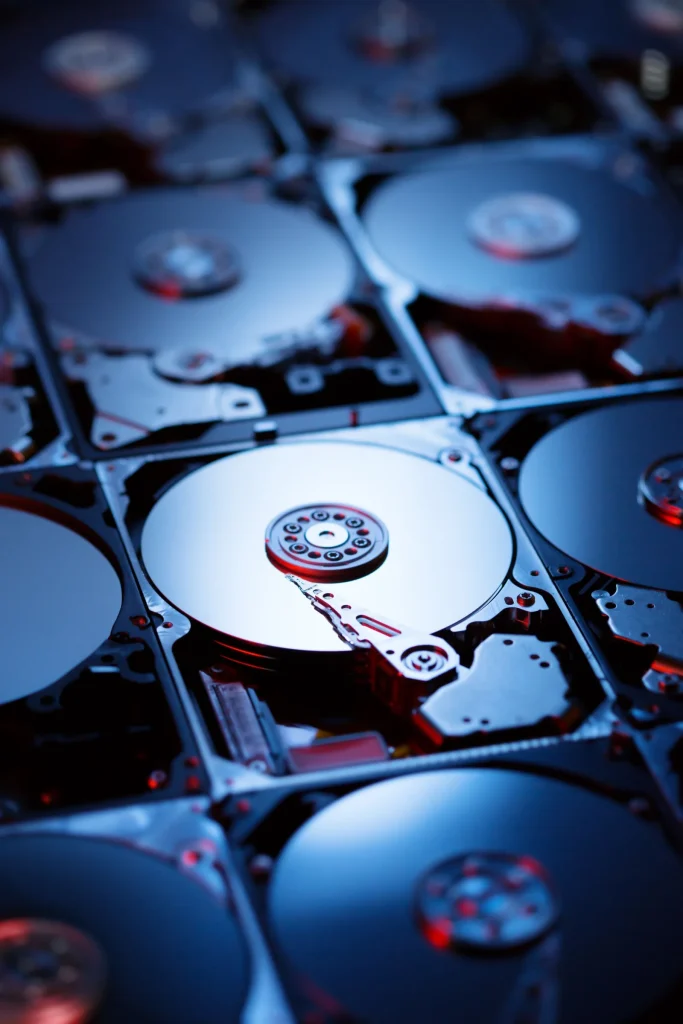 Plateau de disque dur ouvert, en gros plan